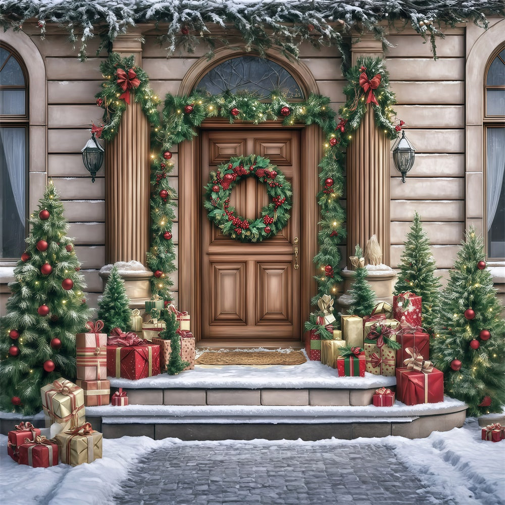 Christmas Backdrop For Photos Elegant Wreath Porch Backdrop UK MRR7-70