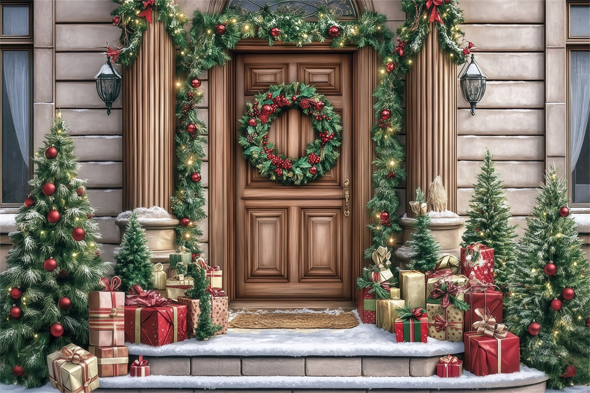Christmas Backdrop For Photos Elegant Wreath Porch Backdrop UK MRR7-70