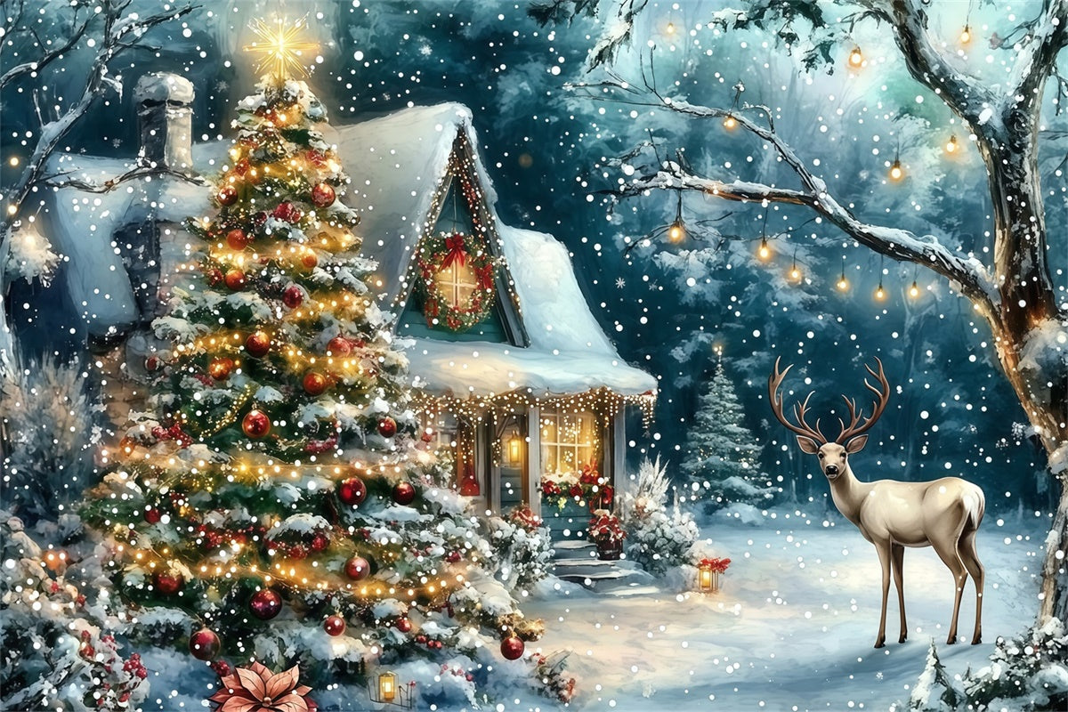 Christmas Photo Backdrop Twinkling Tree Cabin Backdrop UK MRR7-74