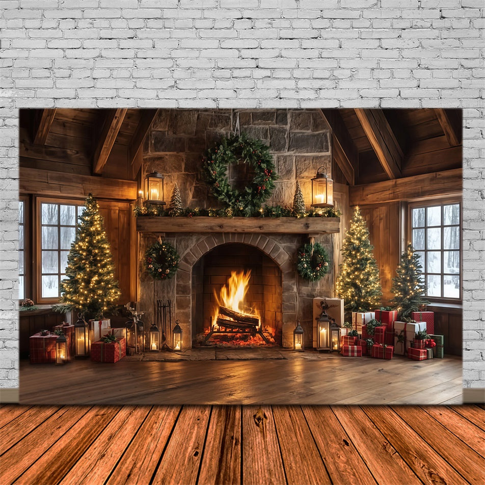 Christmas Fireplace Backdrop Rustic Lodge Hearth Backdrop UK MRR7-80