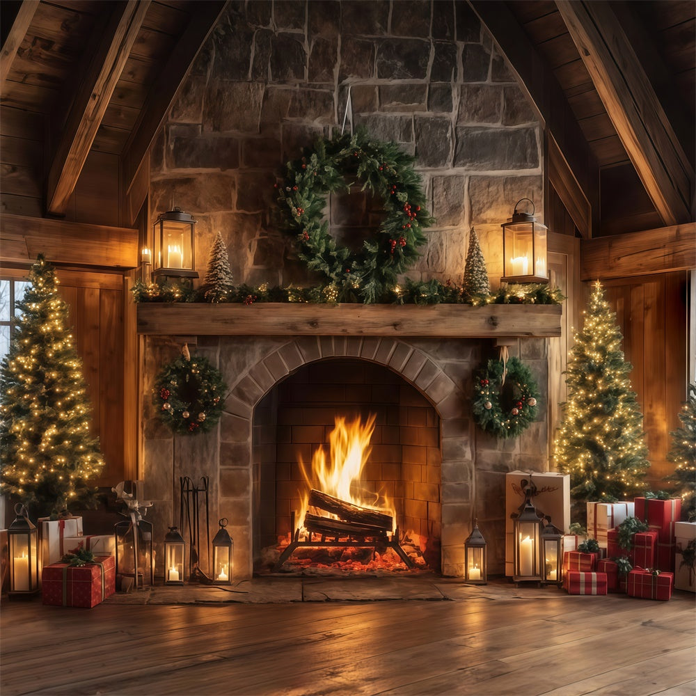 Christmas Fireplace Backdrop Rustic Lodge Hearth Backdrop UK MRR7-80