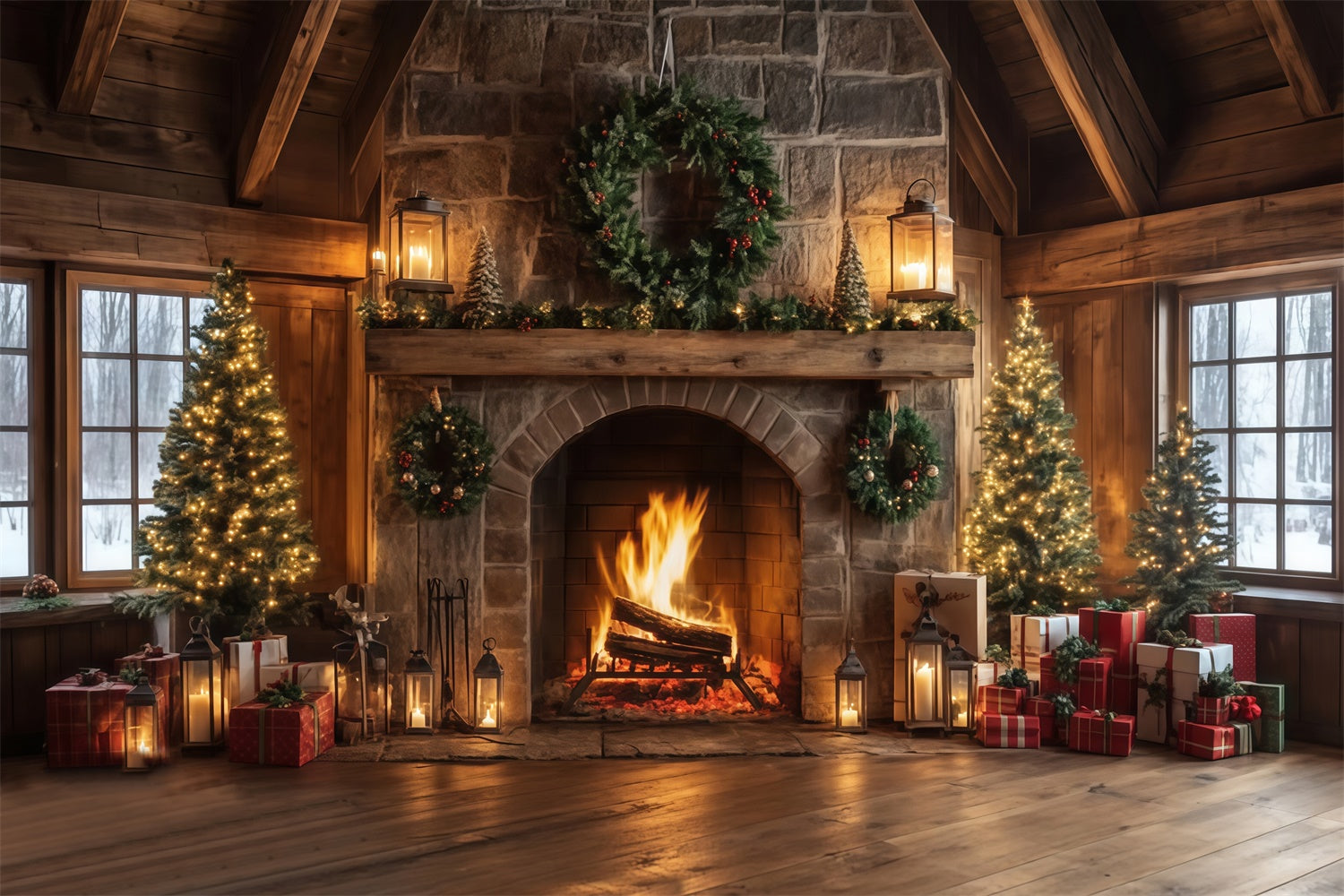 Christmas Fireplace Backdrop Rustic Lodge Hearth Backdrop UK MRR7-80