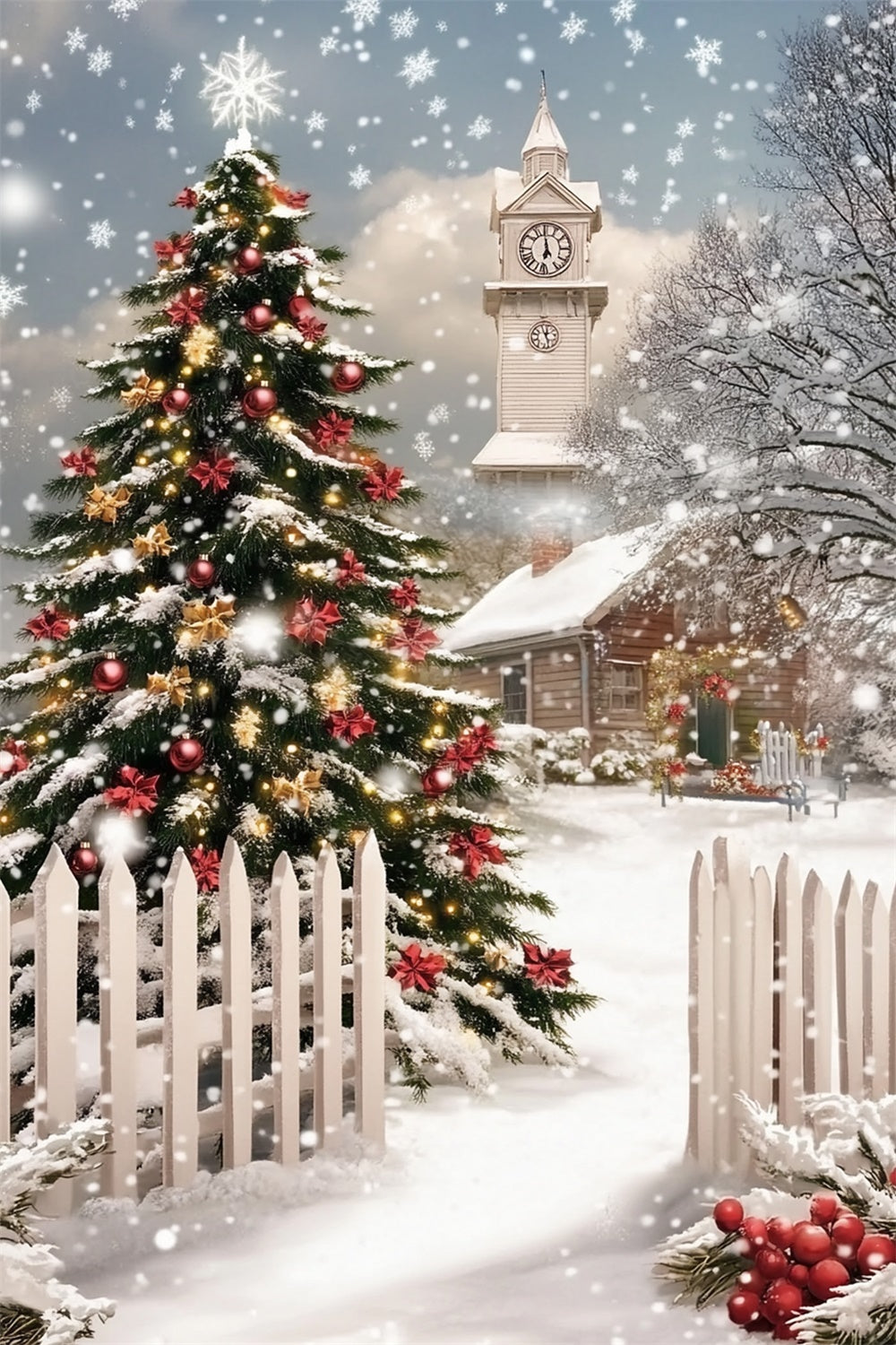 Christmas Tree Backdrop Winter Pines Fence Backdrop UK MRR7-88