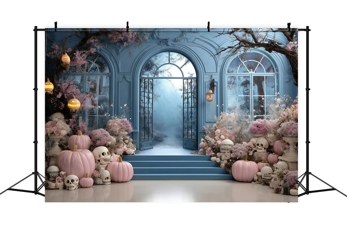 Halloween Backdrop Ideas Pink Flower Pumpkin Blue Door Wall Halloween Backdrop UK MRR8-10