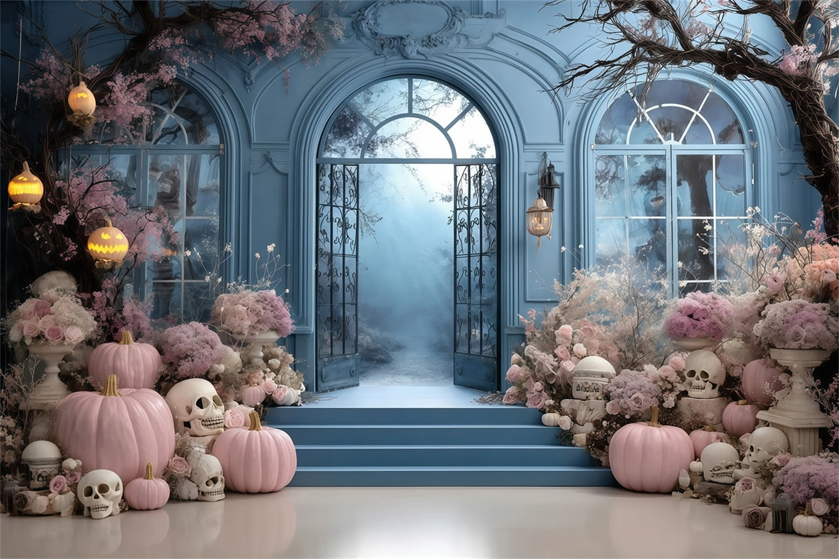 Halloween Backdrop Ideas Pink Flower Pumpkin Blue Door Wall Halloween Backdrop UK MRR8-10