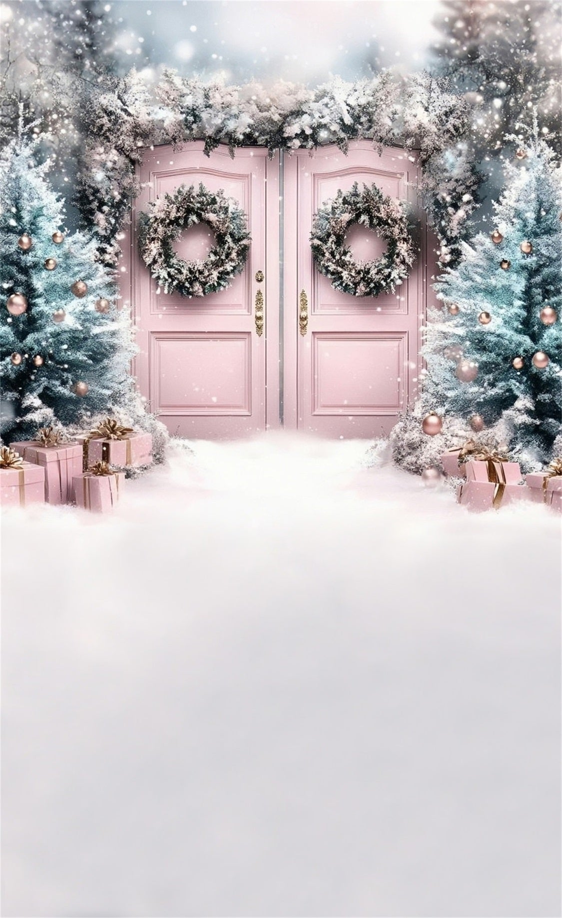 Pink Christmas Backdrop Dreamy Pale Pink Christmas Wreath Gate Christmas Backdrops for Photos UK MRR8-113