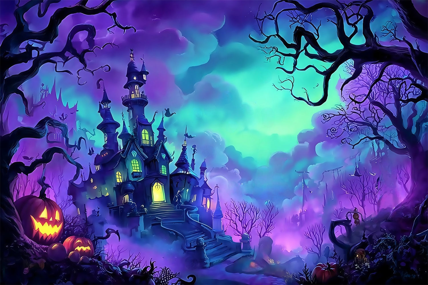 Spooky Halloween Backdrop Misty Forest Castle Pumpkin Backdrop UK MRR8-11