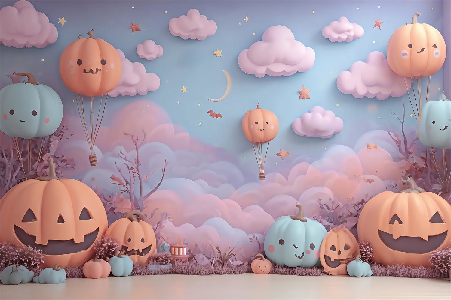 Halloween Backdrops Pumpkin Hot Air Balloon Clouds Stars Kids Backdrop UK MRR8-12