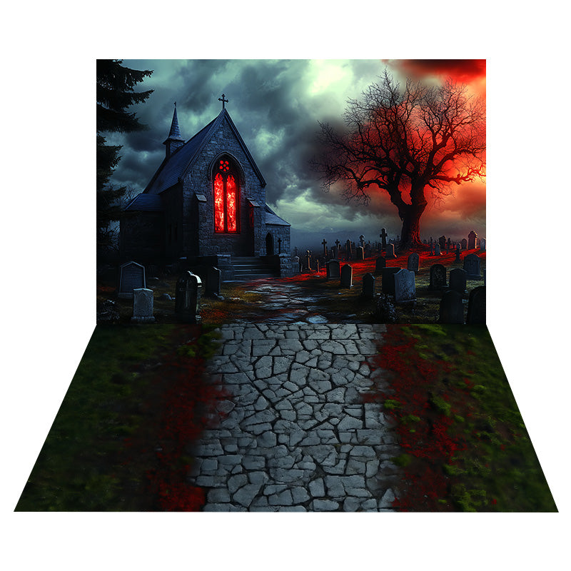 Spooky Haunted Churchyard Backdrop+Stone Path Floor Backdrop UK MRR8-131