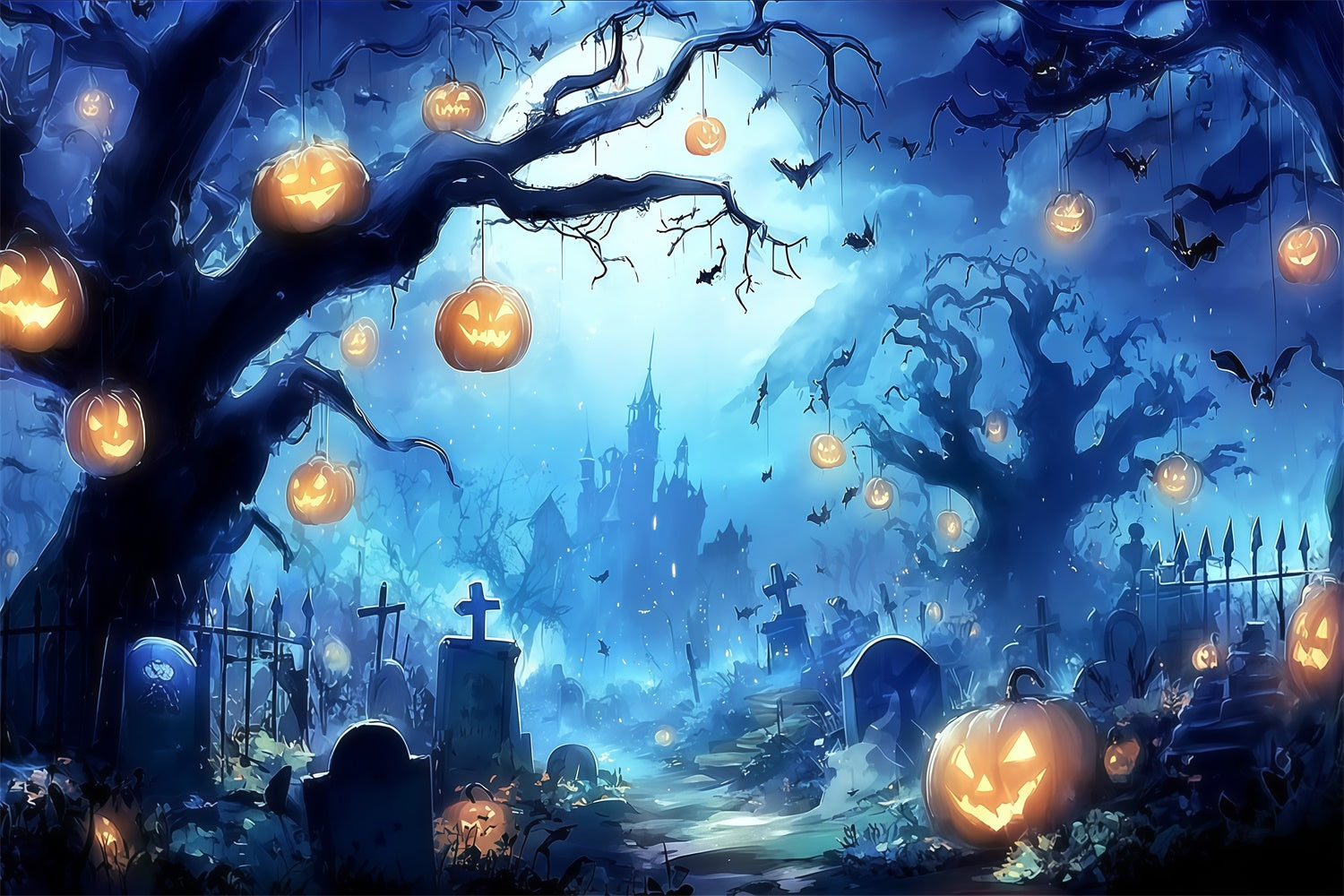 Halloween Graveyard Backdrop Eerie Pumpkin Chandelier Forest Castle Backdrop UK MRR8-13