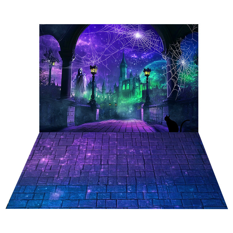 Ghostly Web Castle Backdrop+Purple Glittering Stone Floor Backdrop UK MRR8-148