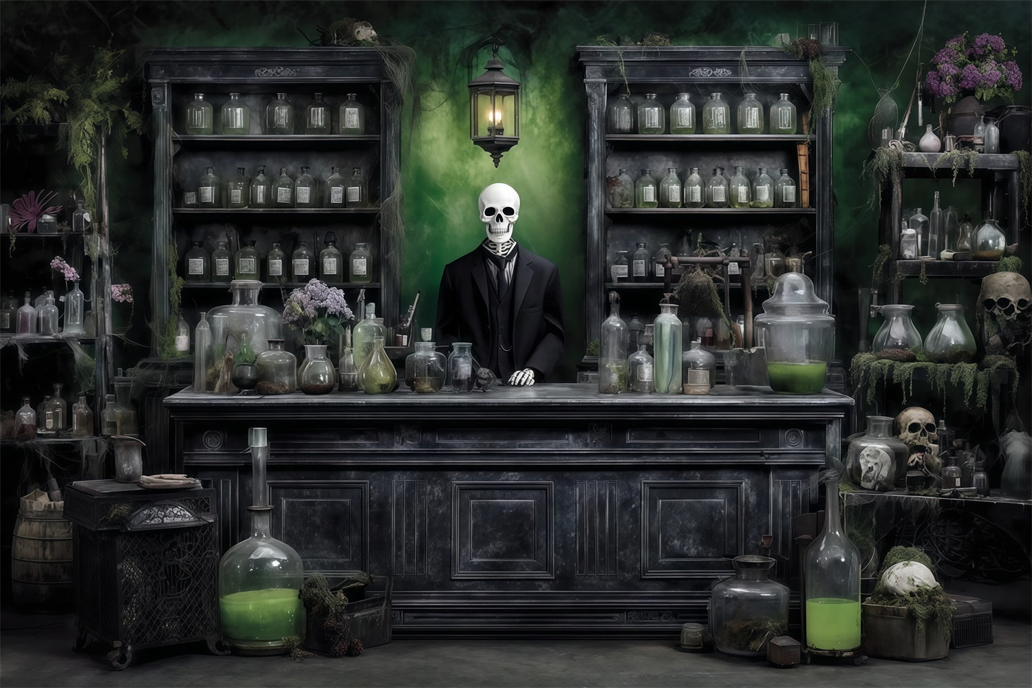 Scary Halloween Backdrops Chemical Reagent Mystery Skeleton Man Store Backdrop UK MRR8-14