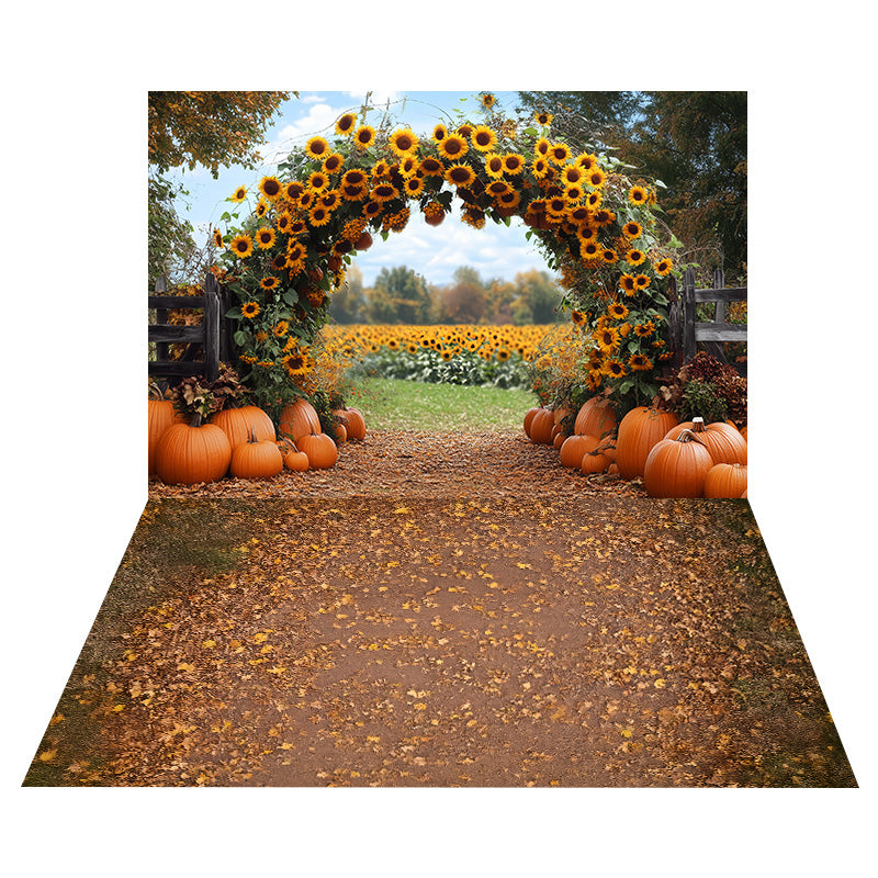 Sunflower Pumpkin Arch Backdrop+Autumn Leaf Scatter Floor Backdrop UK MRR8-153