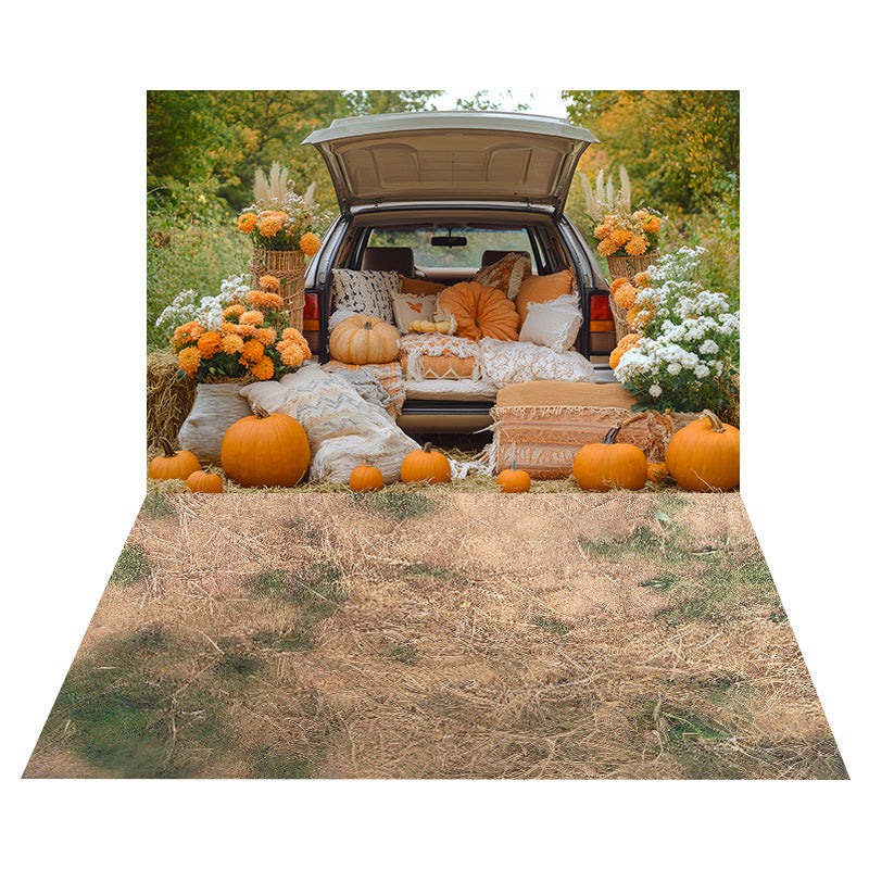 Cozy Pumpkin Truck Backdrop+Dry Grass Meadow Floor Backdrop UK MRR8-156