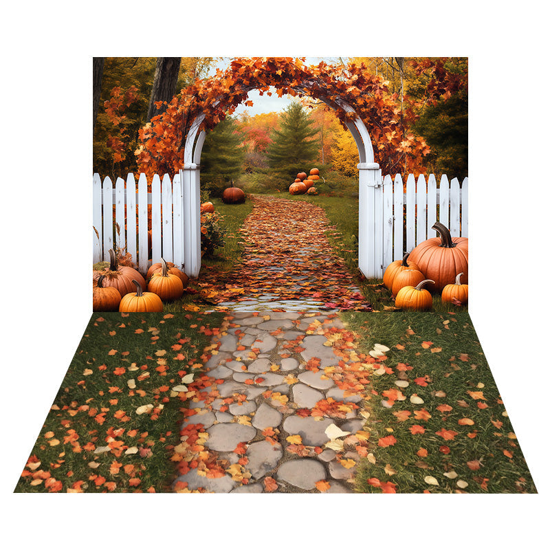 Pumpkin Arch Gate Backdrop+Stone Path Autumn Leaves Floor Backdrop UK MRR8-157