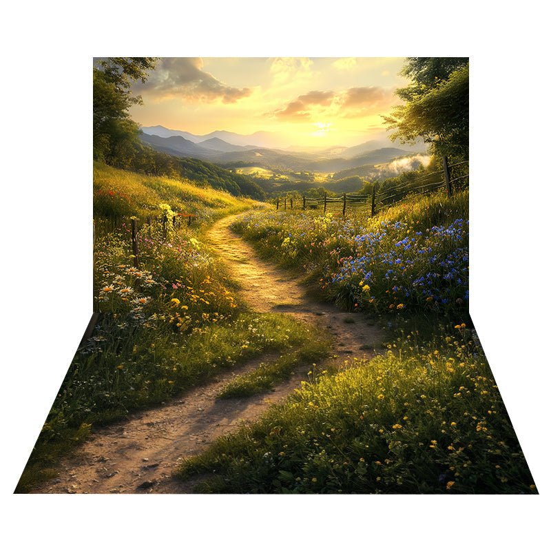 Fall Golden Sunset Backdrop+Flower Meadow Path Floor Backdrop UK MRR8-159