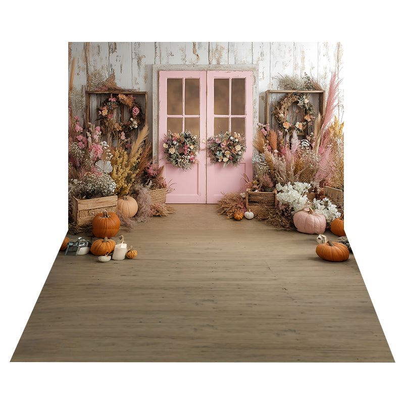 Rustic Pink Door Backdrop+Autumn Pumpkin Wood Floor Backdrop UK MRR8-160