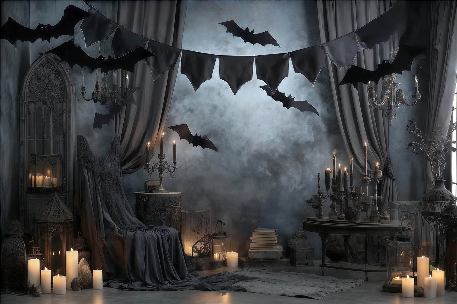 Halloween Wall Backdrop Gothic Candlelit Bat Drapes Halloween Backdrop UK MRR8-16
