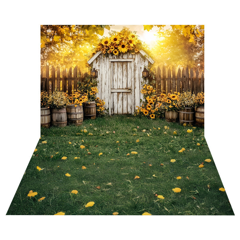Sunflower Garden Shed Backdrop+Green Grass Yellow Flower Floor Backdrop UK MRR8-173