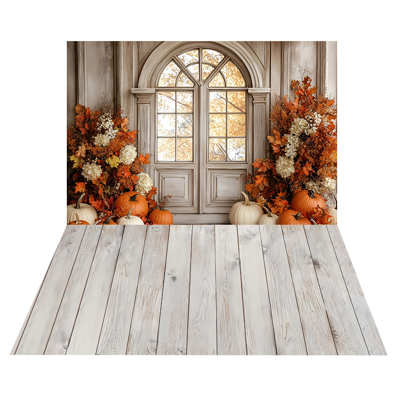 Pumpkin Window Glow Backdrop+Whitewashed Wooden Plank Floor Backdrop UK MRR8-174