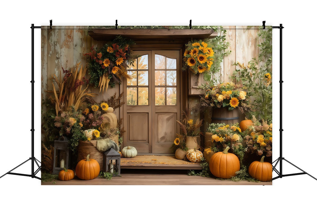 Fall Backdrop Sunflower Barn Door Pumpkin Autumn Photo Backdrop UK MRR8-181