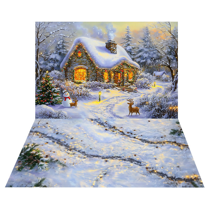 Snowy Cottage Lights Backdrop+Snow Pinecone Floor Backdrop UK MRR8-186