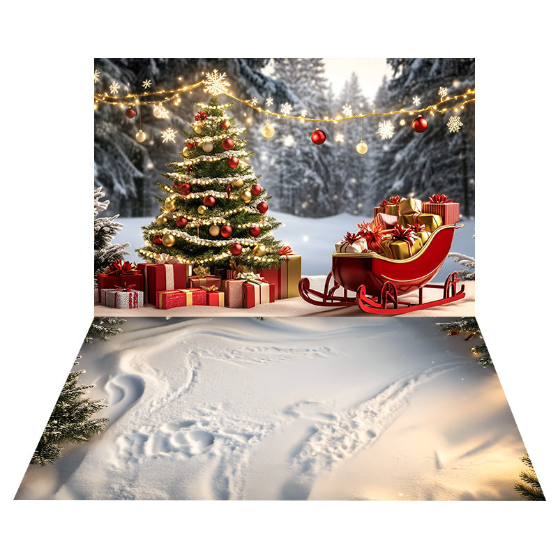 Gift Sleigh Tree Backdrop+Twilight Snow Floor Backdrop UK MRR8-188