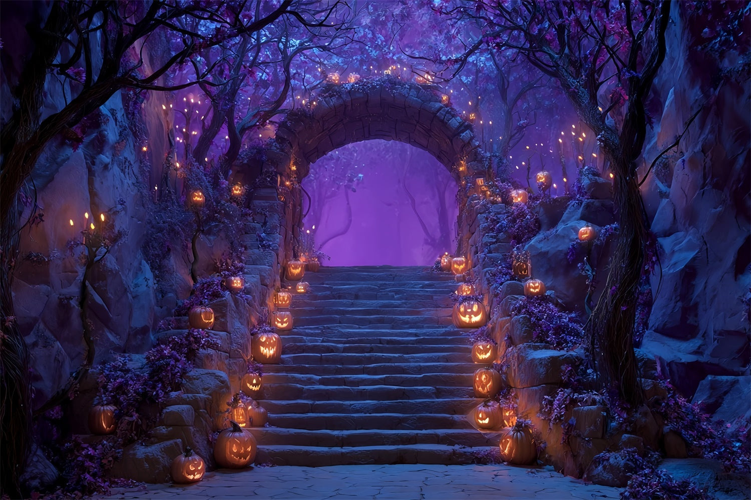 Spooky Halloween Backdrop Enchanted Purple Forest Stairs Halloween Backdrop UK MRR8-18