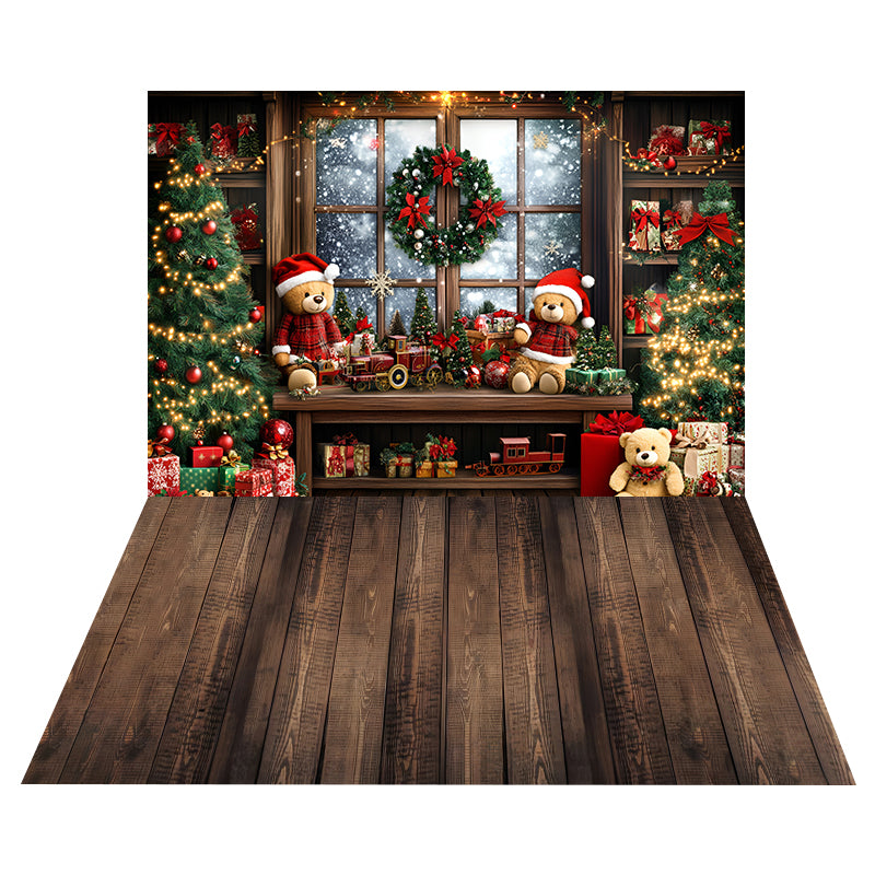 Teddy Train Window Backdrop+Rustic Brown Floor Backdrop UK MRR8-190