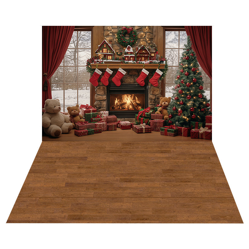 Cozy Hearth Stockings Backdrop+Golden Oak Floor Backdrop UK MRR8-193