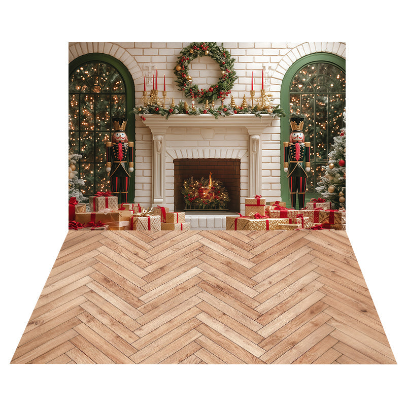 Nutcracker Fireplace Wreath Backdrop+Herringbone Wood Floor Backdrop UK MRR8-194
