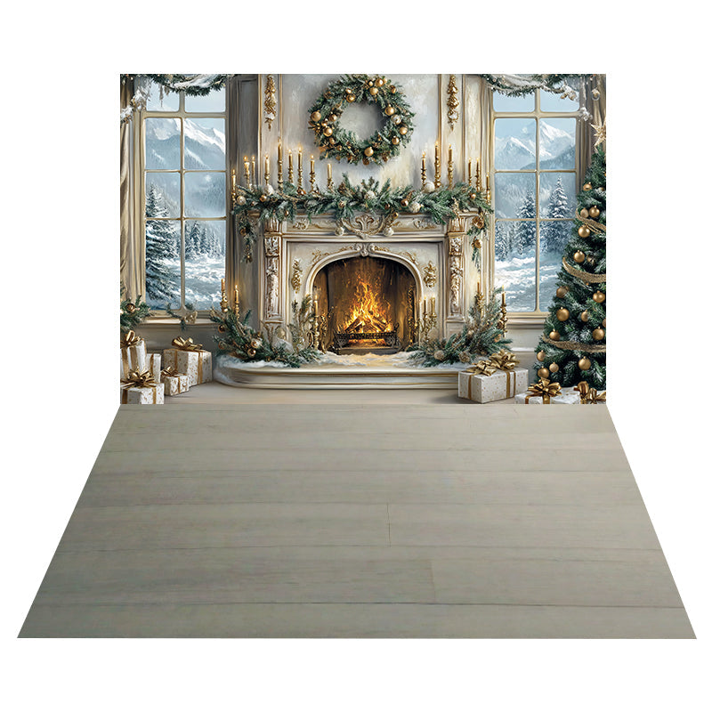 Golden Fireplace Wreath Backdrop+Gray Wood Floor Backdrop UK MRR8-206