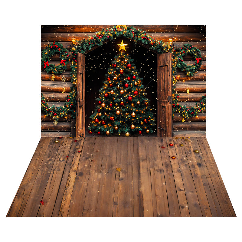 Rustic Cabin Tree Backdrop+Christmas Wood Floor Backdrop UK MRR8-209