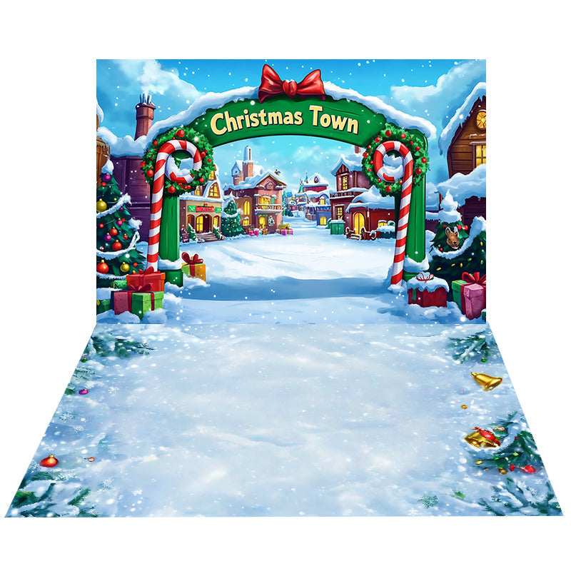 Cartoon Christmas Town Backdrop+Ornaments Snow Floor Backdrop UK MRR8-215