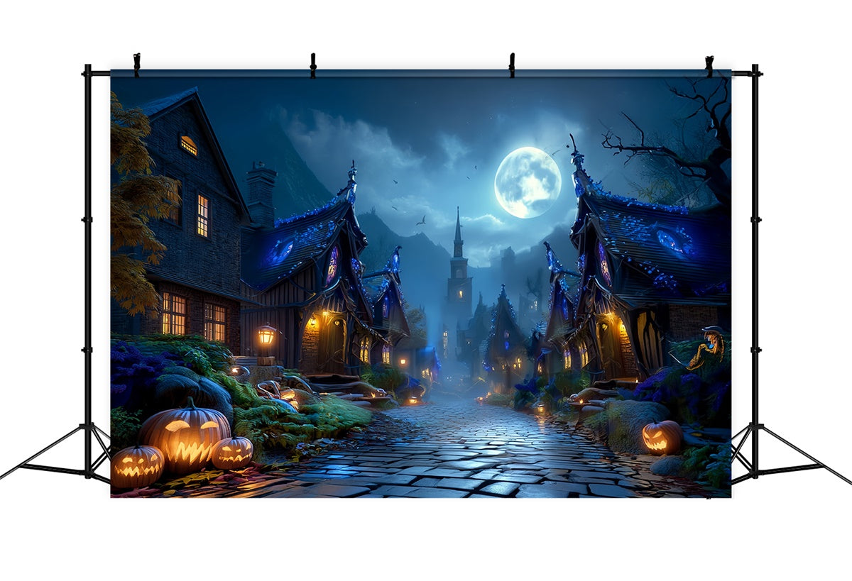 Haunted House Backdrop Full Moon Haunted Village Street Halloween Backdrop UK MRR8-23
