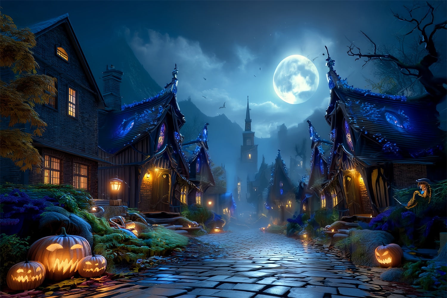Haunted House Backdrop Full Moon Haunted Village Street Halloween Backdrop UK MRR8-23