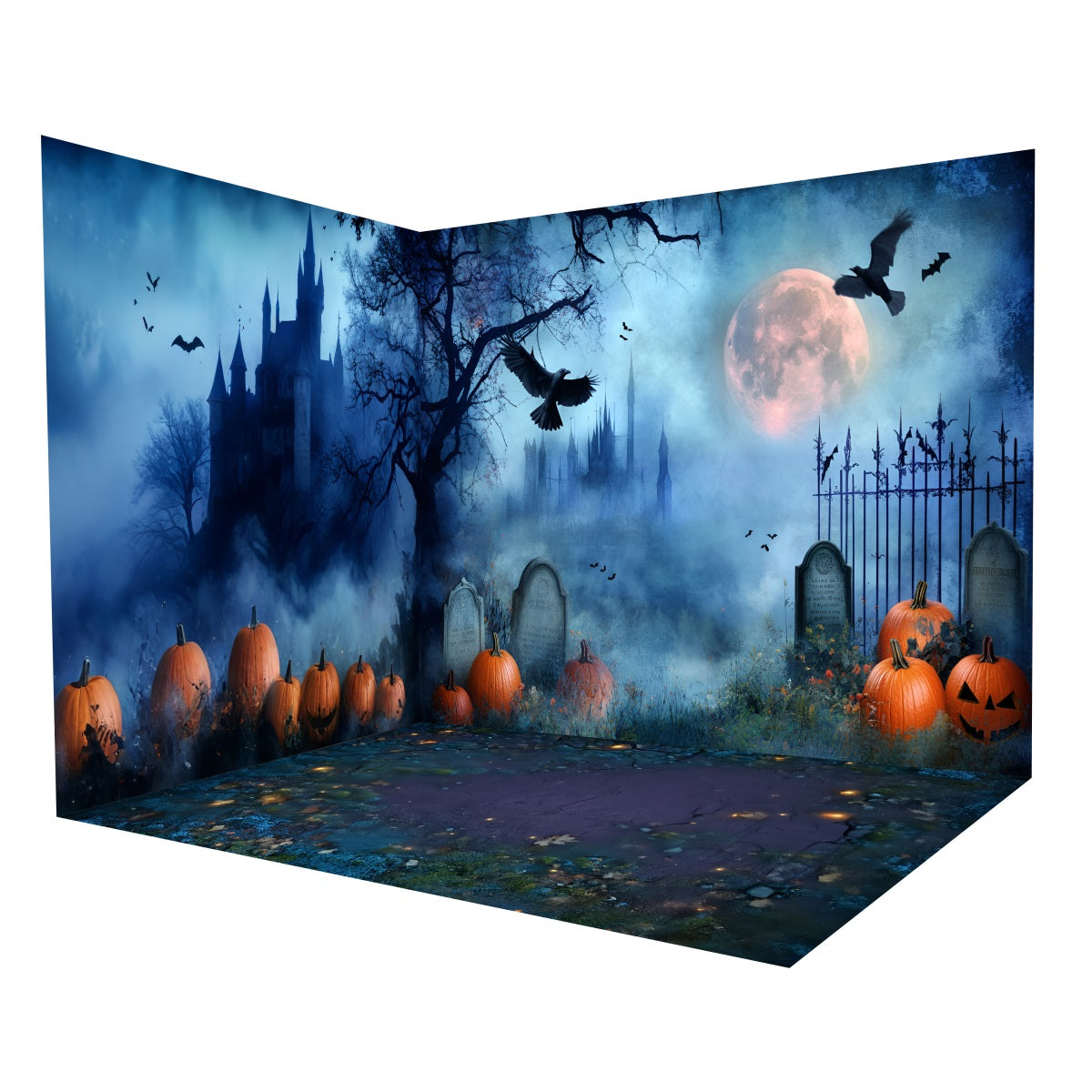 Halloween Backdrops Haunted Castle Moonlit Pumpkins Backdrop Room Set UK MRR8-240
