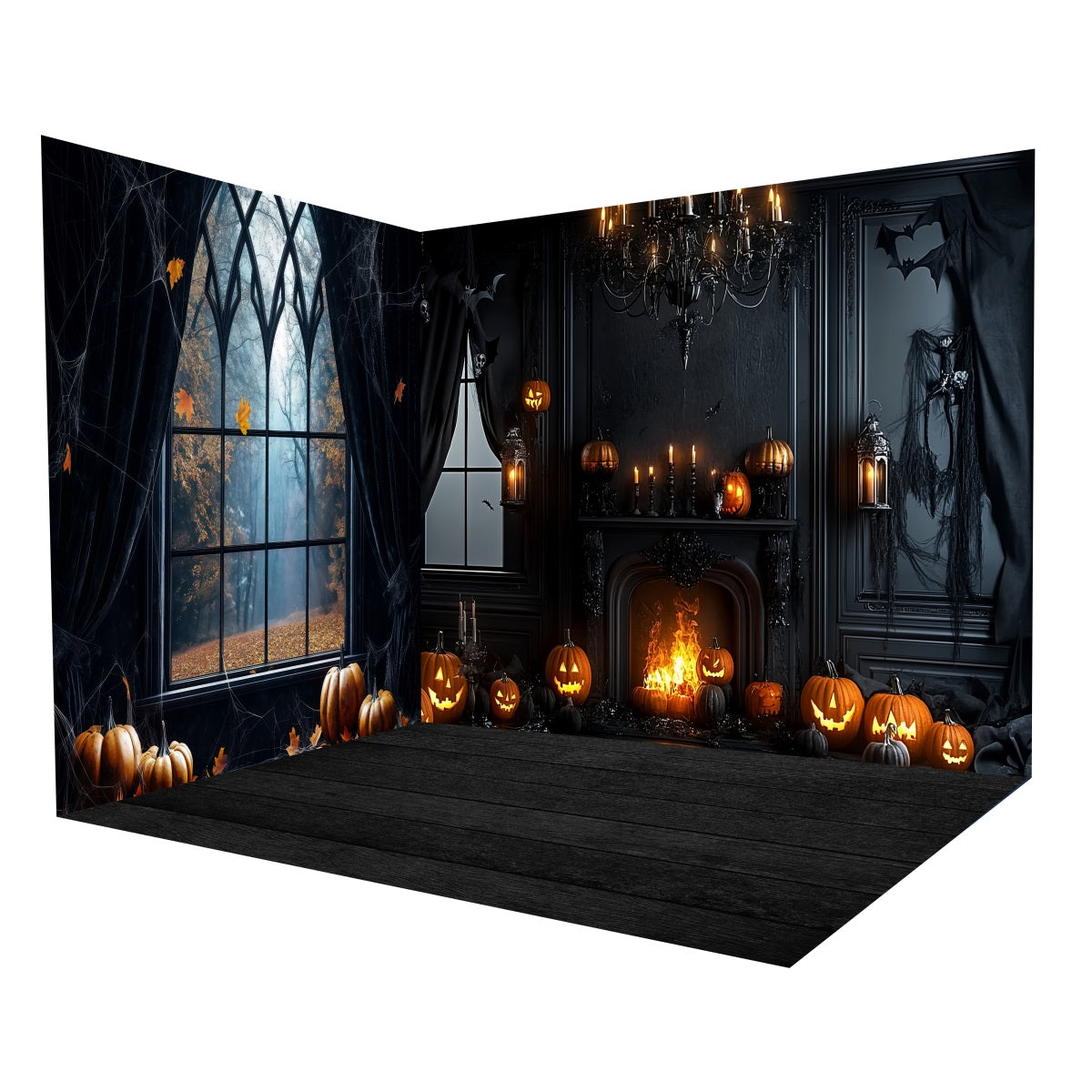 Halloween Picture Backdrop Dark Gothic Fireplace Pumpkins Backdrop Room Set UK MRR8-242