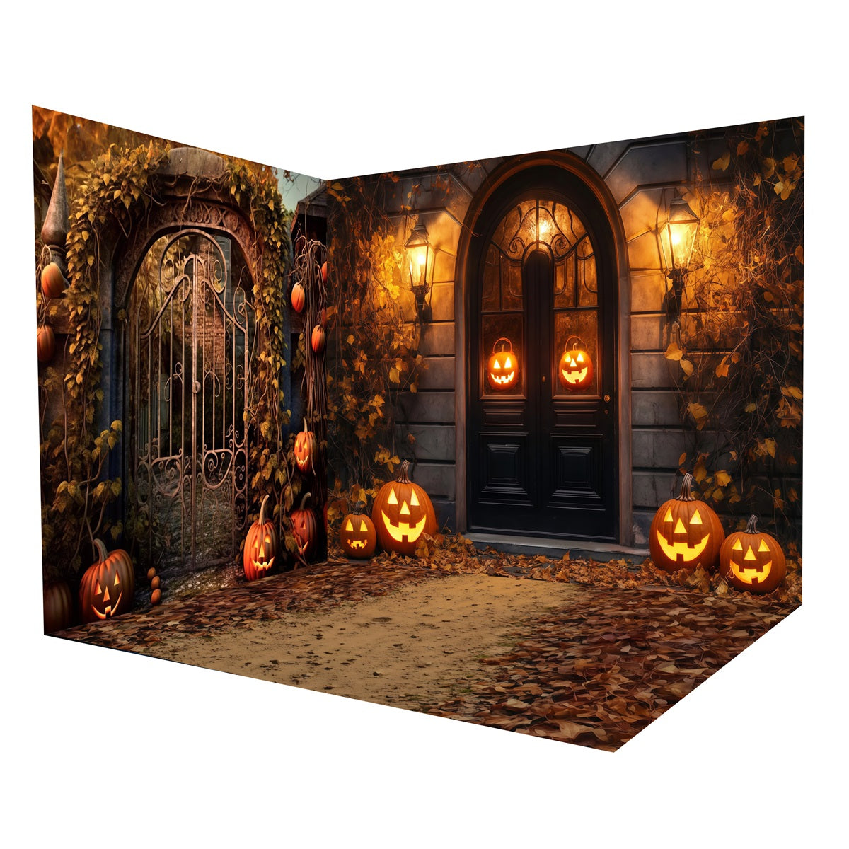 Halloween Photo Backdrop Rustic Gate Lantern Pumpkins Backdrop Room Set UK MRR8-258
