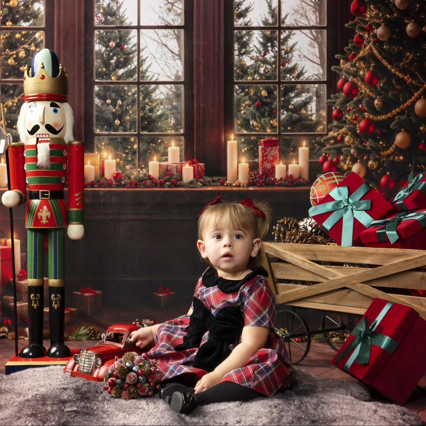 Christmas Photo Backdrop Candle Glow Window Snowy Trees Christmas Backdrops UK MRR8-262