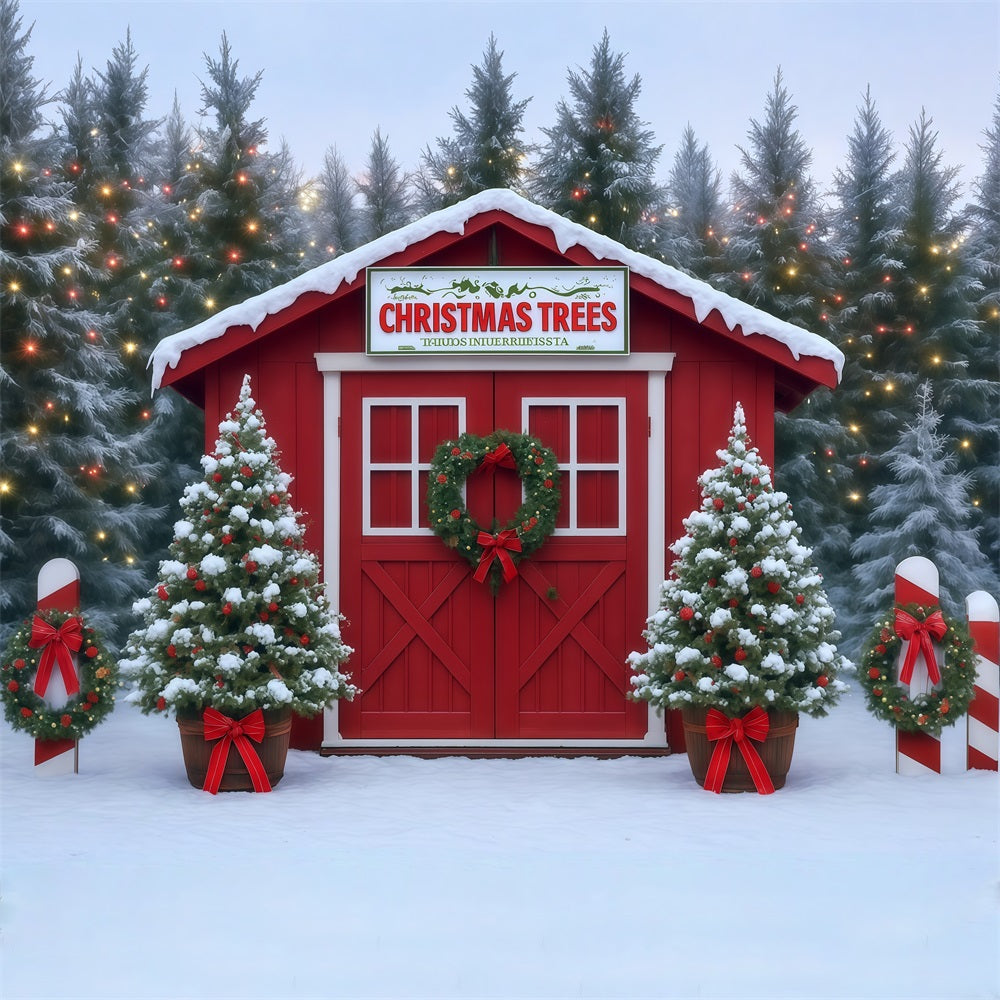 Christmas Trees Backdrop Snowy Farm House Red Barn Christmas Photo Backdrop UK MRR8-263
