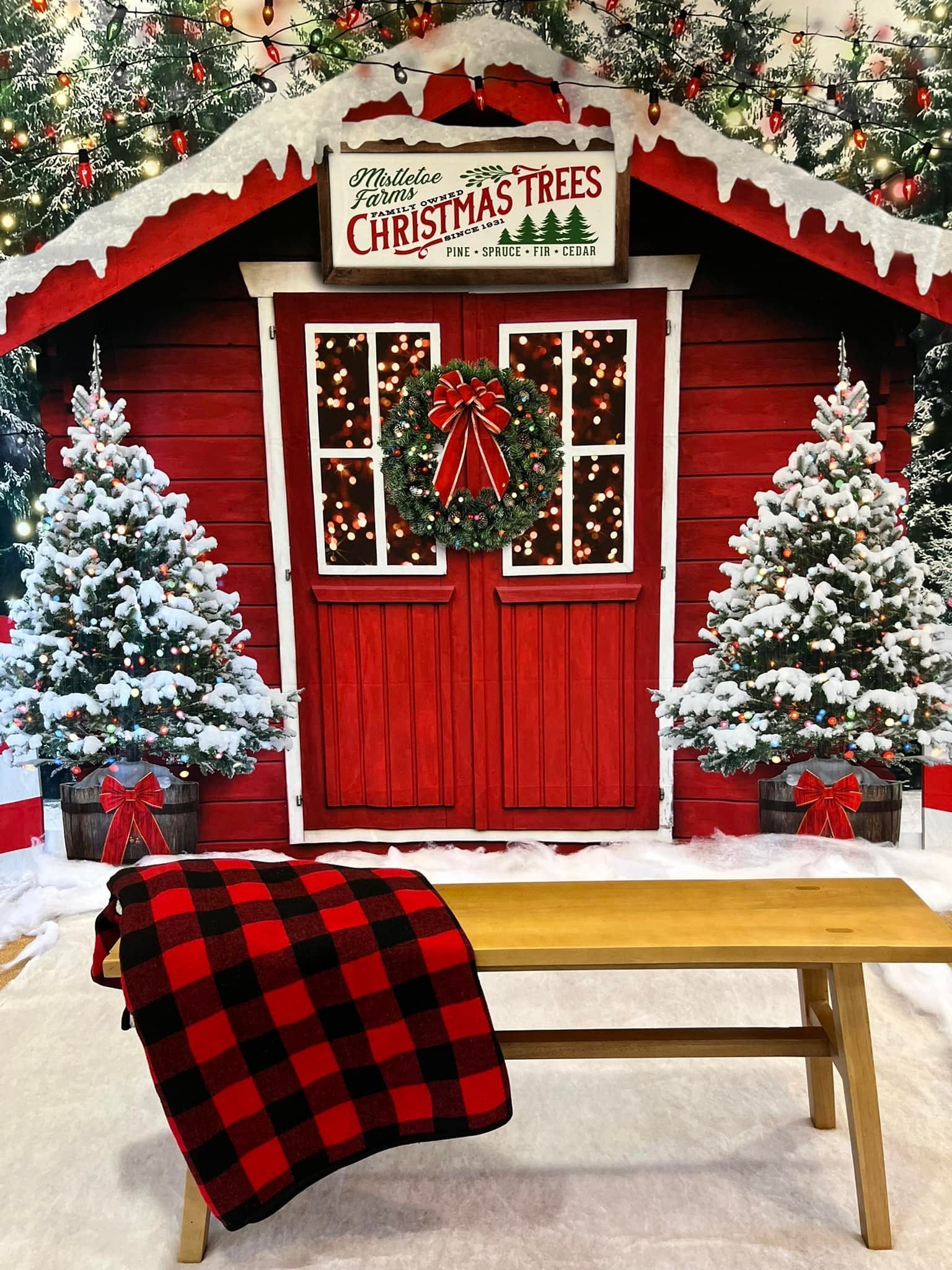 Christmas Trees Backdrop Snowy Farm House Red Barn Christmas Photo Backdrop UK MRR8-263