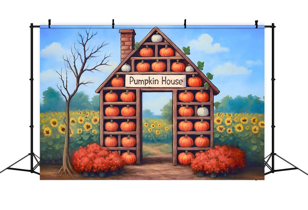 Fall Backdrop Pumpkin House Harvest Sunflower Fall Photo Backdrop UK MRR8-271
