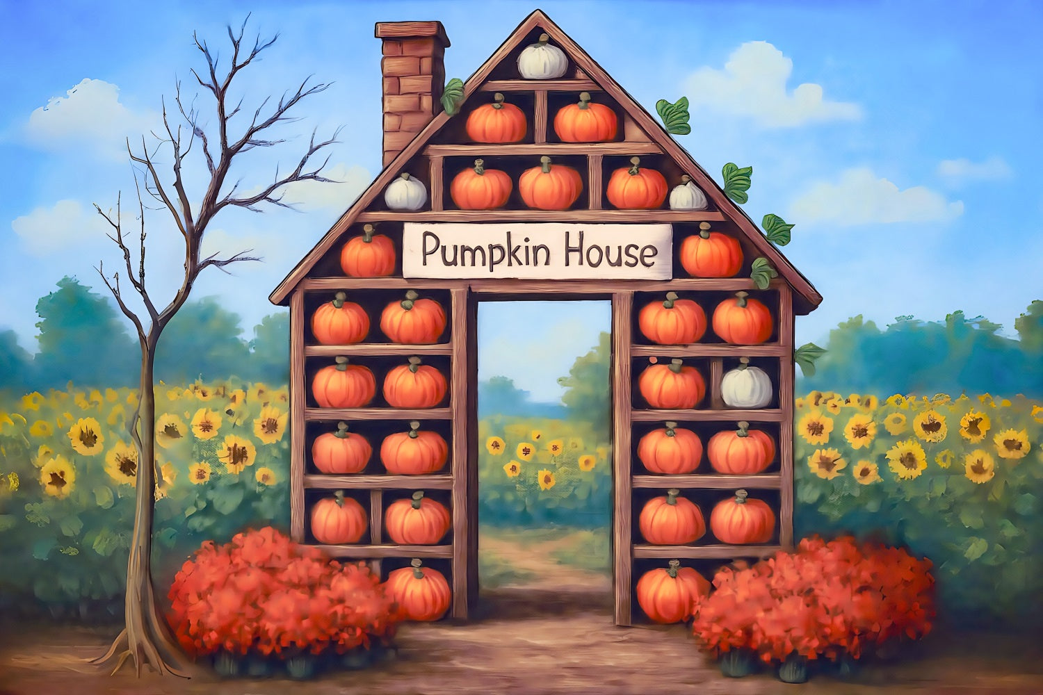 Fall Backdrop Pumpkin House Harvest Sunflower Fall Photo Backdrop UK MRR8-271