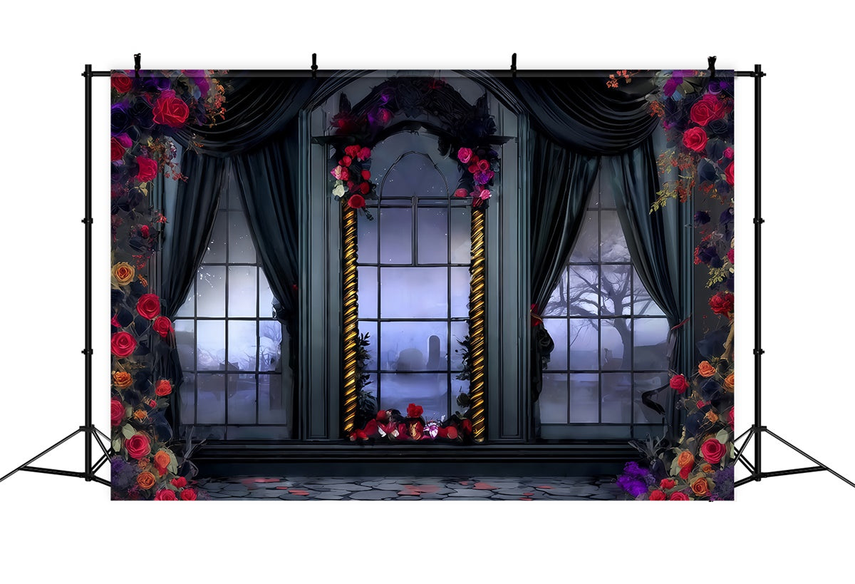 Halloween Photo Backdrop Victorian Rose Draped Window Halloween Backdrop UK MRR8-28