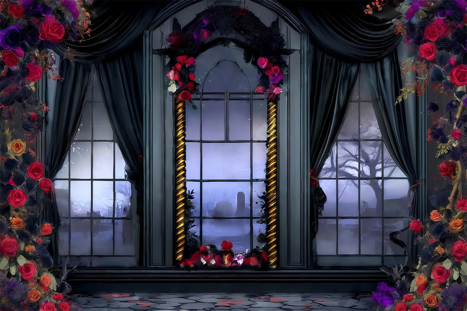 Halloween Photo Backdrop Victorian Rose Draped Window Halloween Backdrop UK MRR8-28