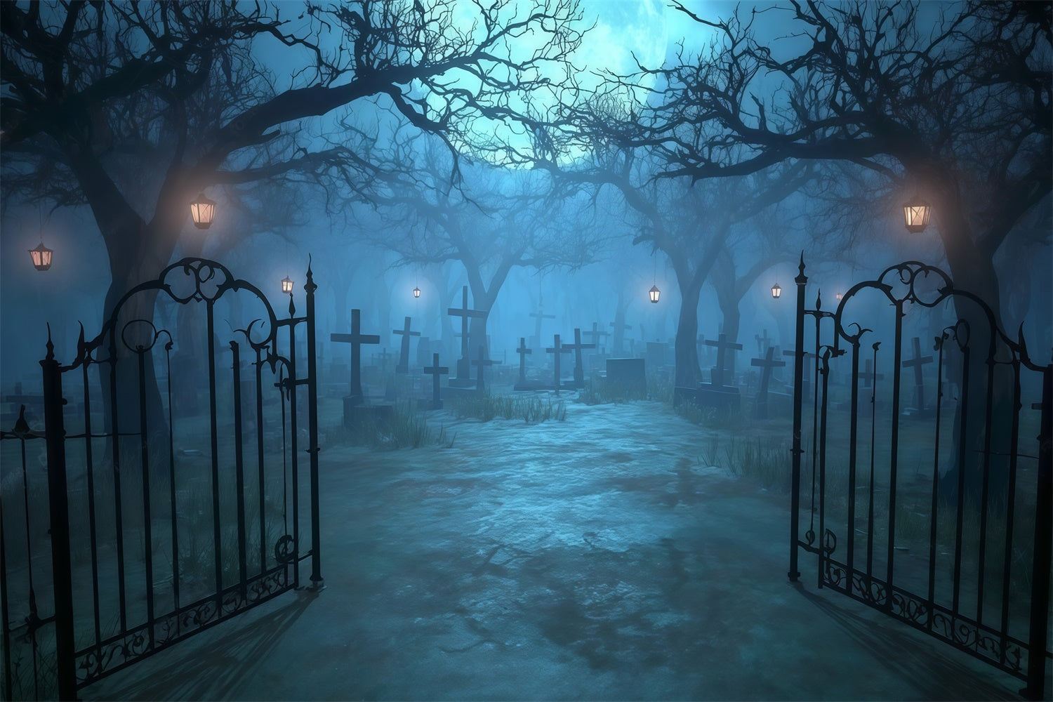 Halloween Graveyard Backdrop Moonlit Gate Cemetery Path Halloween Backdrop UK MRR8-29