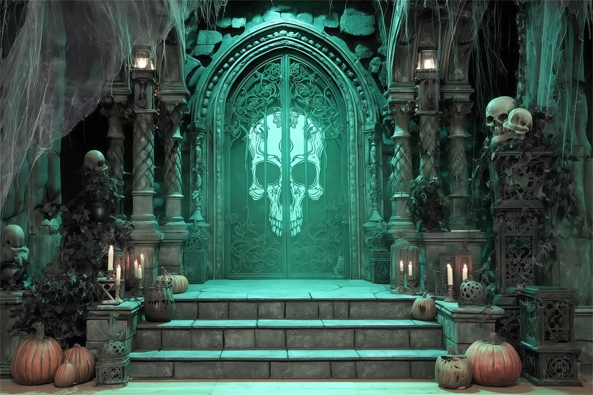 Halloween Backdrops for Photos Green Skull Crypt Entrance Halloween Backdrop UK MRR8-30
