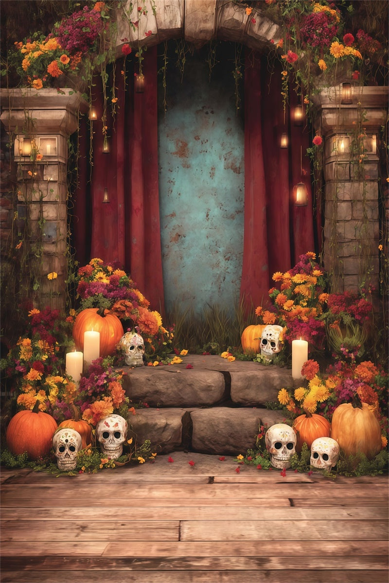 Halloween Photography Backdrop Flower Sacrifice Skeleton Candle Arch Backdrop UK MRR8-36