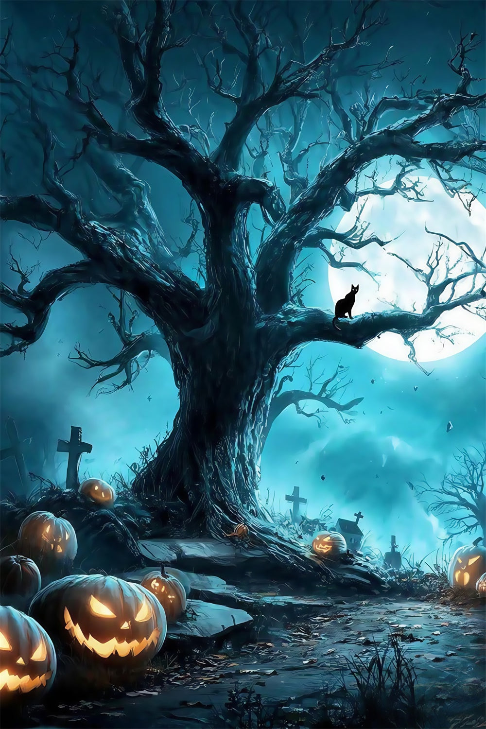 Halloween Graveyard Backdrop Spooky Forest Grave Full Moon Halloween Backdrop UK MRR8-38